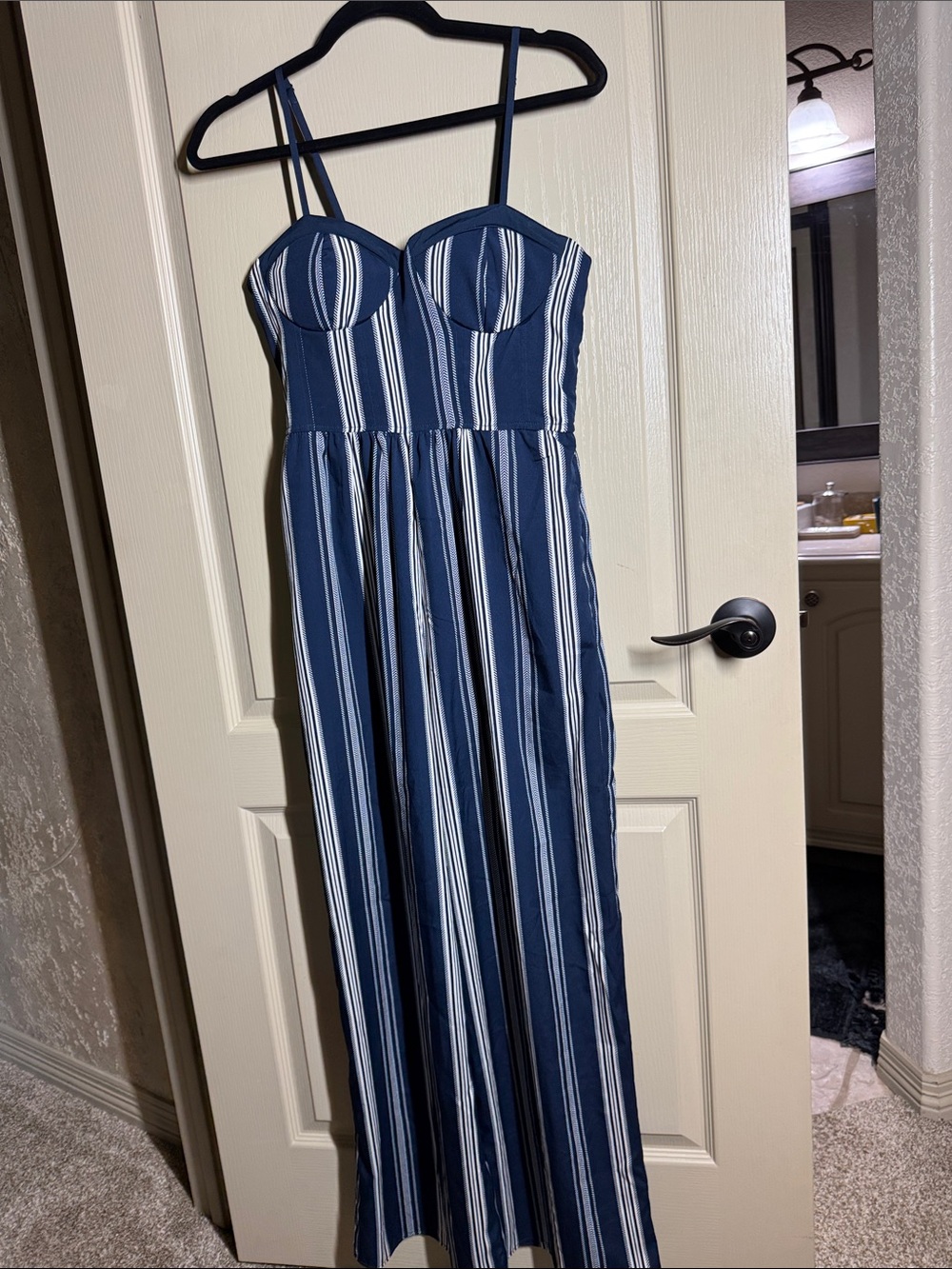 Blue & White Striped Smocked Jumpsuit by B.O.G Collection Medium